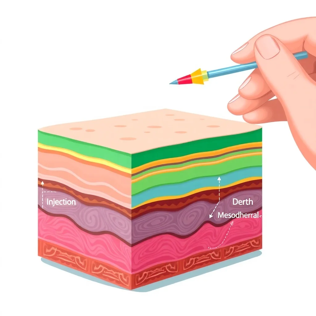 Anatomical diagram of mesotherapy injection technique showing skin layers and needle placement