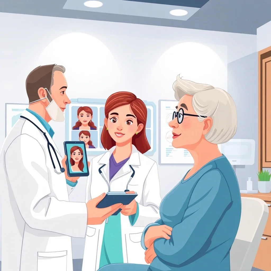 Scène de consultation médicale où un spécialiste explique un plan de traitement du vieillissement facial à un patient