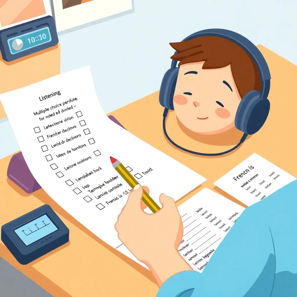 Student's desk setup during a French listening comprehension midterm exam