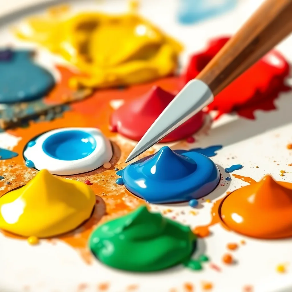 Palette d'artiste avec différents pigments colorés disposés en petits tas, démontrant la sélection et le mélange des pigments