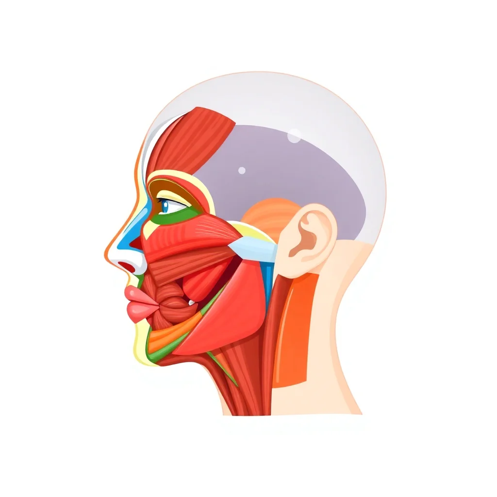 Diagramme anatomique en coupe transversale montrant les couches musculaires du visage et leurs interactions en profondeur