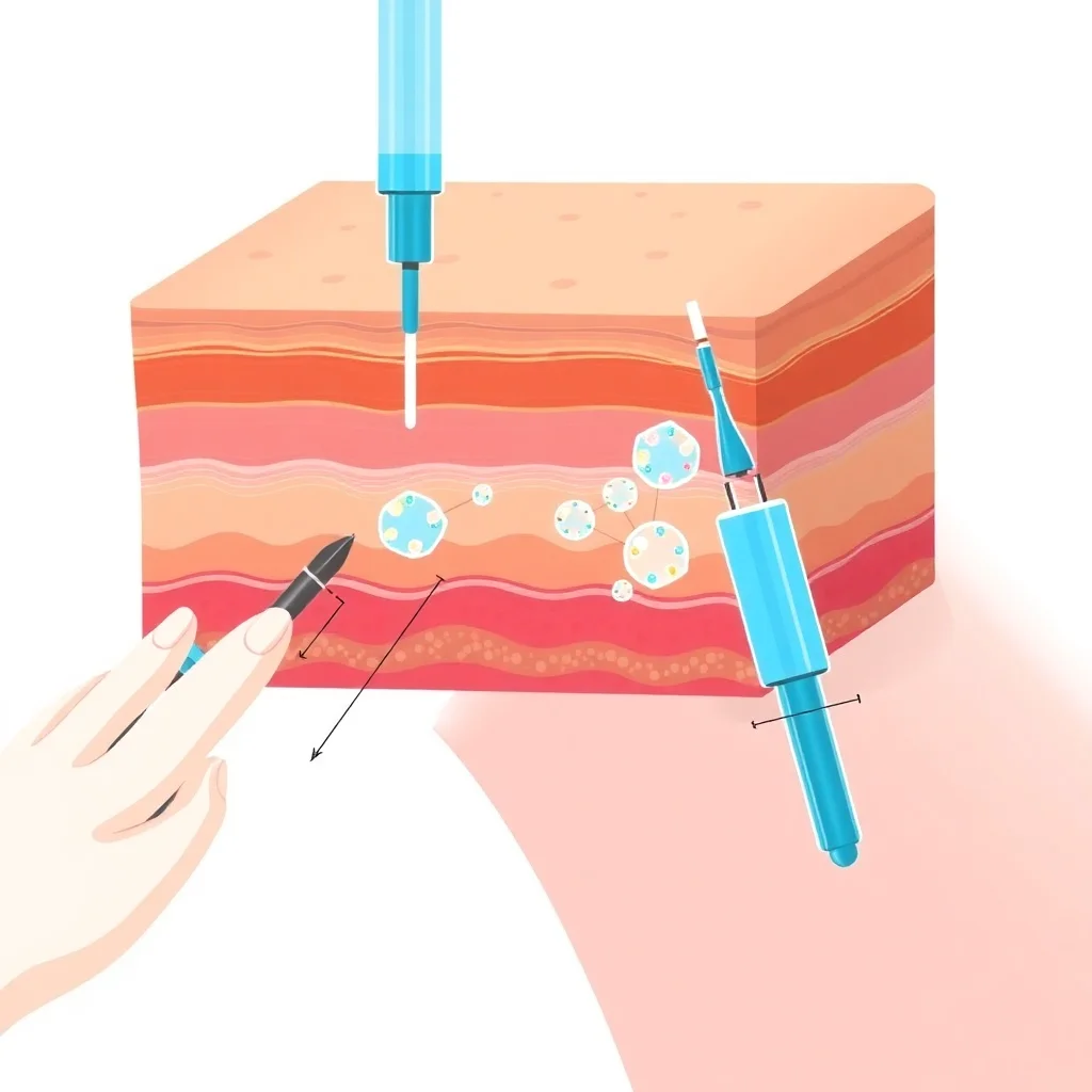 Illustration médicale montrant l'injection d'acide hyaluronique dans les couches dermiques pour la biorevitalisation