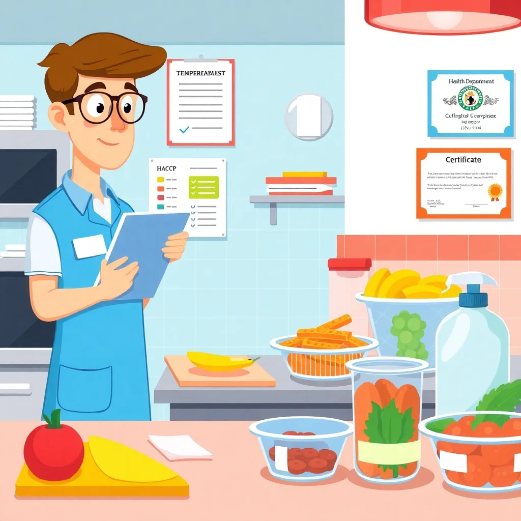 Food safety inspector reviewing hygiene regulations and compliance in a commercial kitchen setting