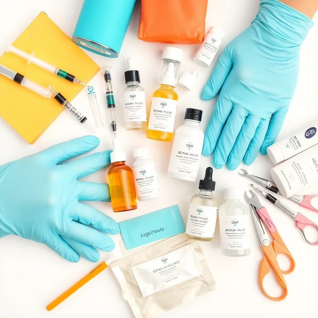 Arrangement en vue de dessus de matériel et produits d'esthétique médicale : seringues, produits de comblement, sérums et outils spécialisés