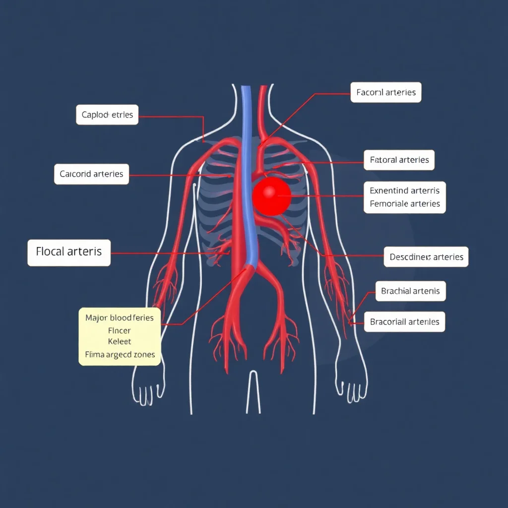 Diagramme anatomique montrant la vascularisation du corps humain avec les zones de danger vasculaire mises en évidence