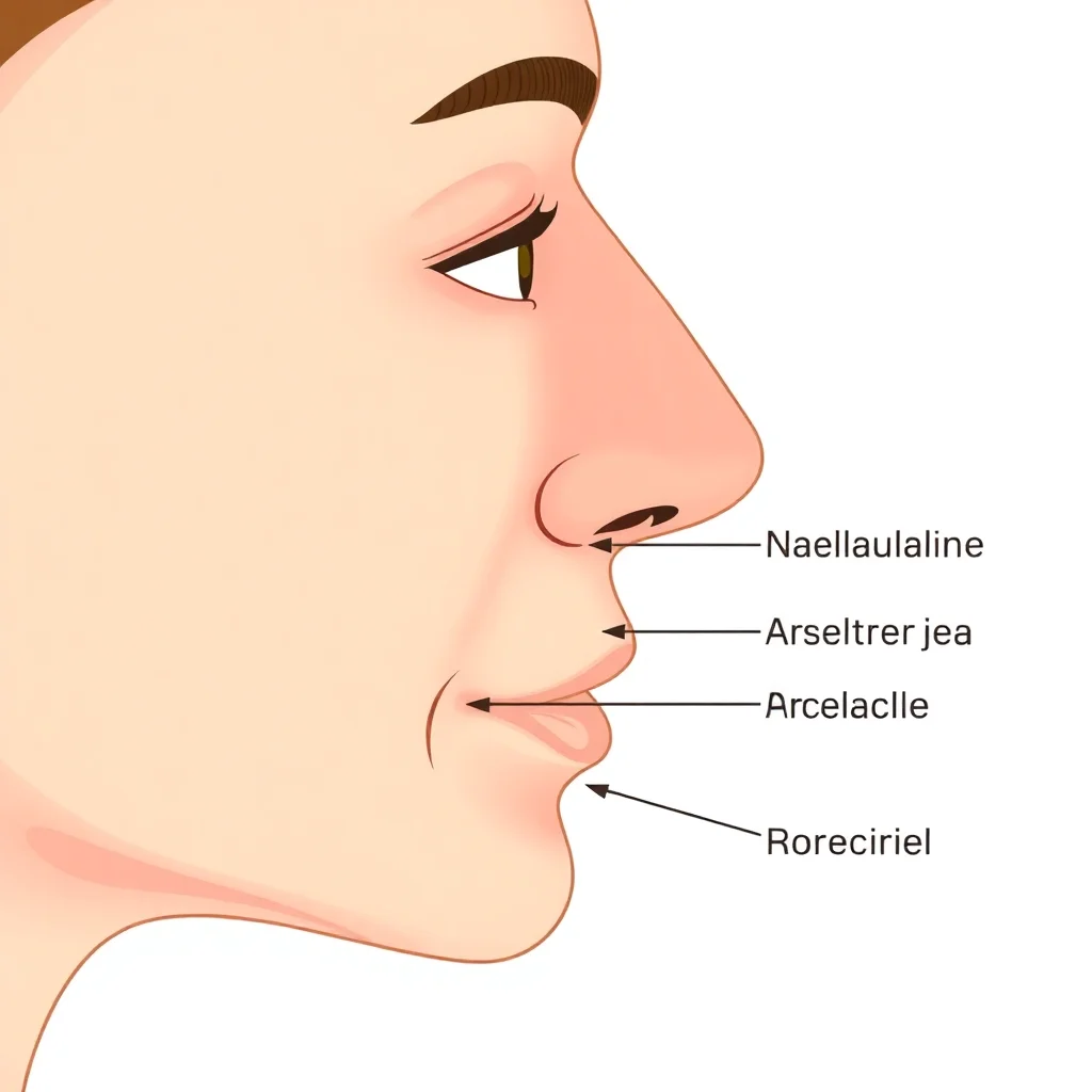 Illustration médicale montrant les sillons nasogéniens et les rides marionnettes sur un profil de visage humain avec étiquetage anatomique